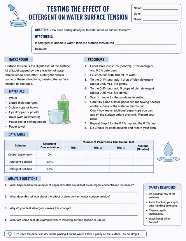 Detergent on Water Surface Tension Lab Sheet