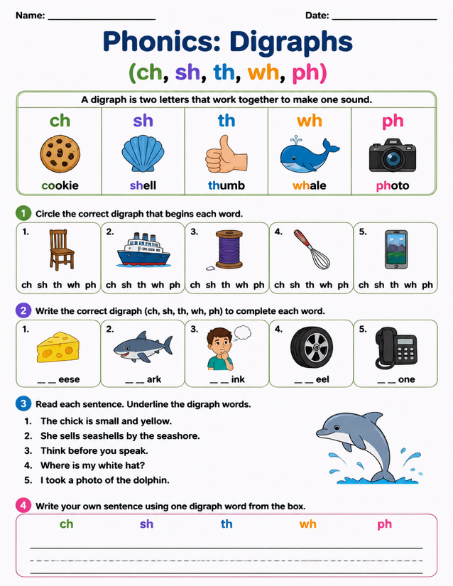 Digraphs Worksheet: ch, sh, th, wh, and ph