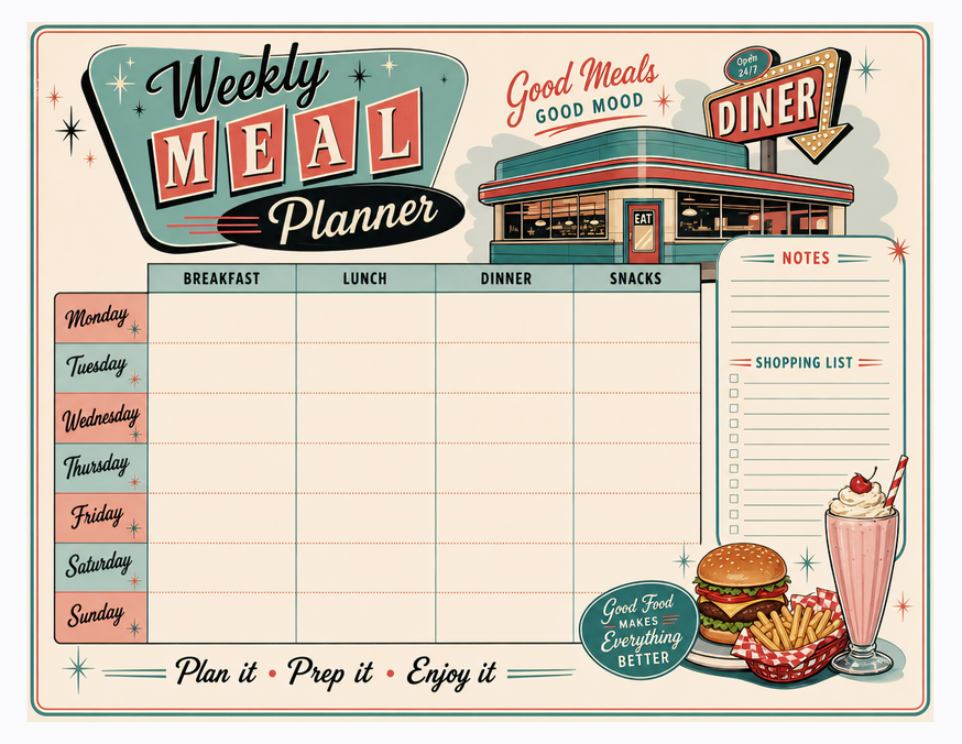 Diner Style Meal Planner Printable, With Notes and Shopping List