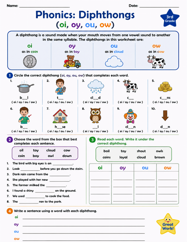 Diphthongs Worksheet, oi oy ou ow Practice for 3rd Grade