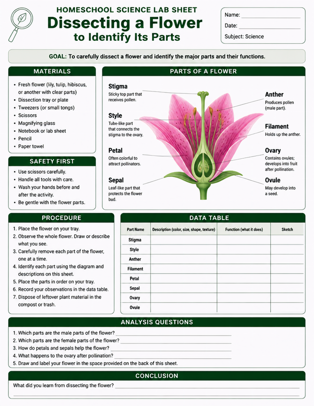 Dissecting a Flower Lab Sheet, Stigma to Ovule