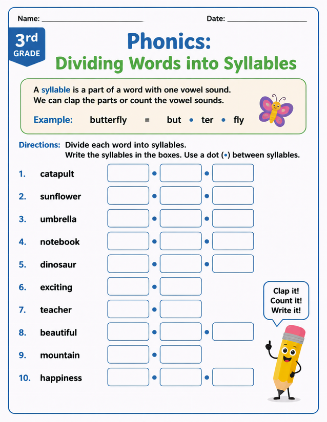 Dividing Words into Syllables Worksheet, 3rd Grade Phonics