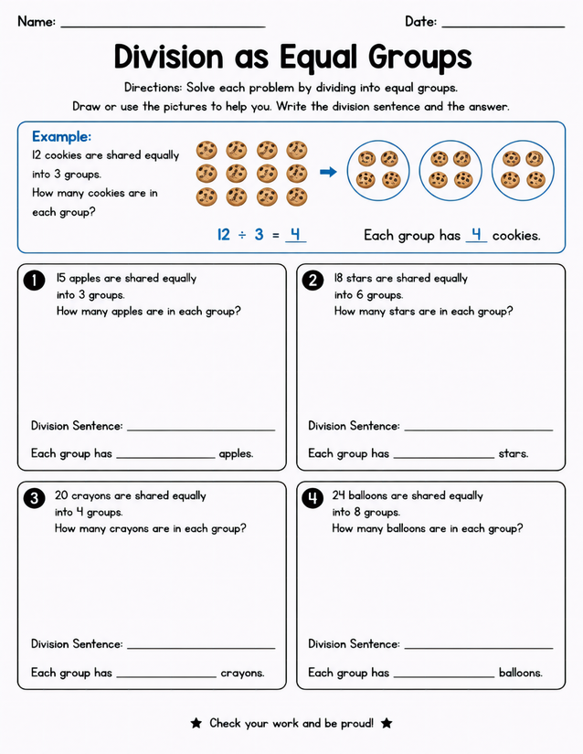 Division as Equal Groups Worksheet, Cookies to Balloons