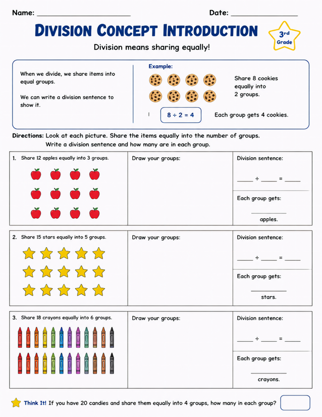Division Concept Introduction Worksheet, 3rd Grade