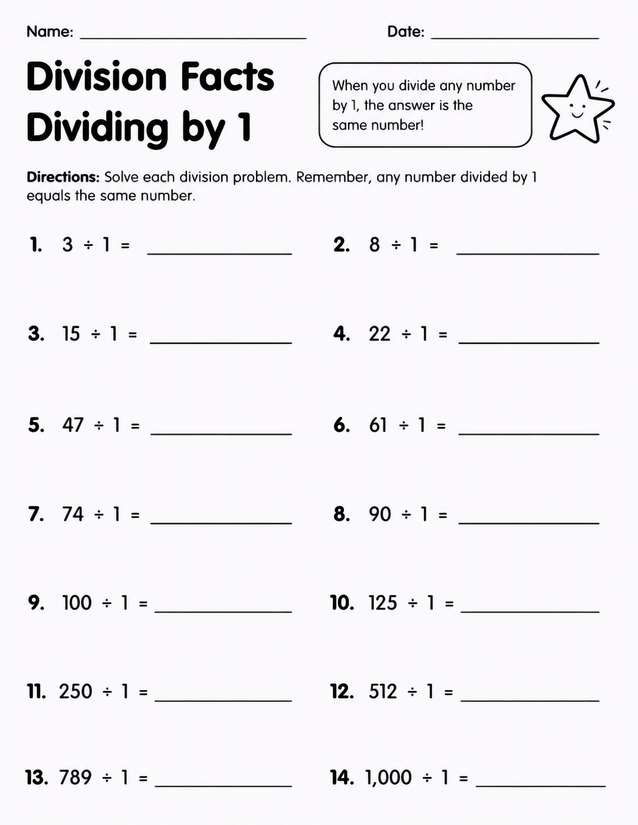 Division Facts Dividing by 1 Worksheet, 14 Problems