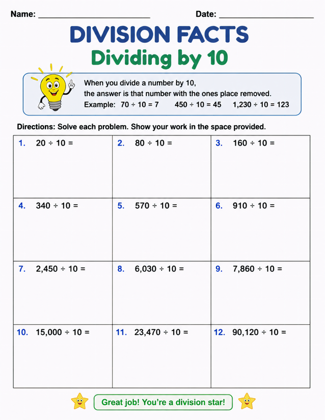 Division Facts Dividing by 10, Ones Place Shortcut