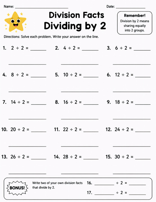 Division Facts Dividing by 2, Bonus Problems Included