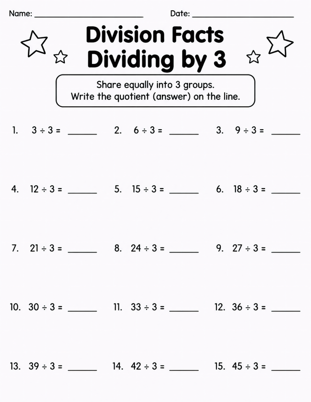 Division Facts Dividing by 3, Quotients Up to 15