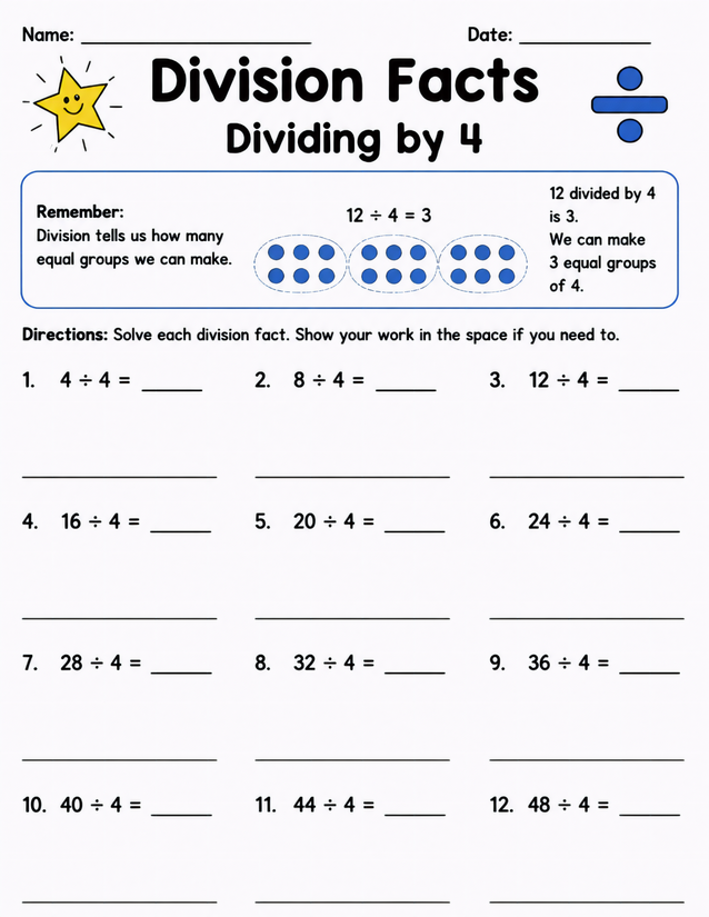 Division Facts Dividing by 4, Problems 4 to 48
