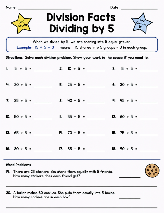 Division Facts Dividing by 5, with Word Problems