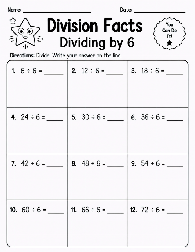 Division Facts Dividing by 6, Twelve Problems