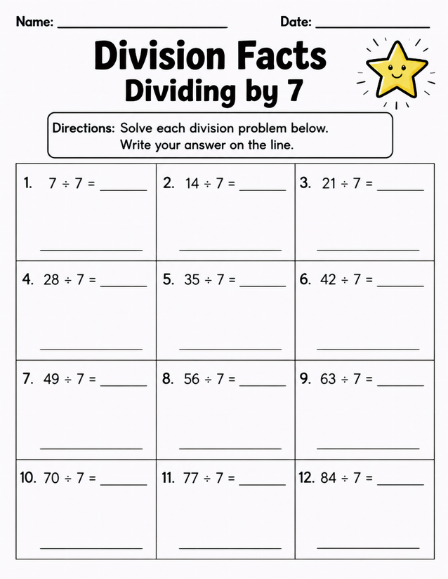 Division Facts Dividing by 7, Twelve Problems in Sequence