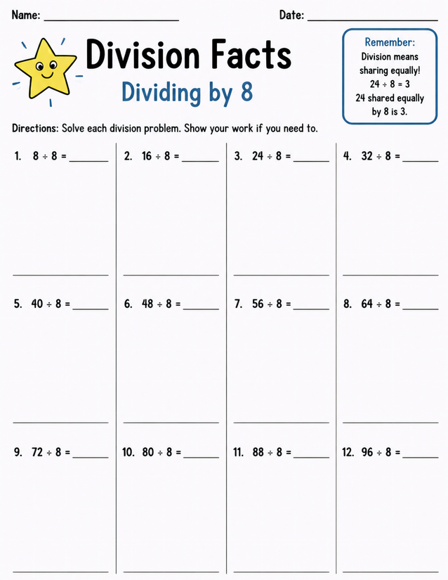 Division Facts Dividing by 8, Multiples 8 to 96
