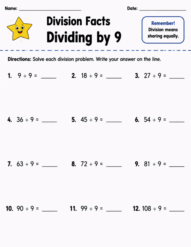 Division Facts Dividing by 9, Multiples 9 to 108