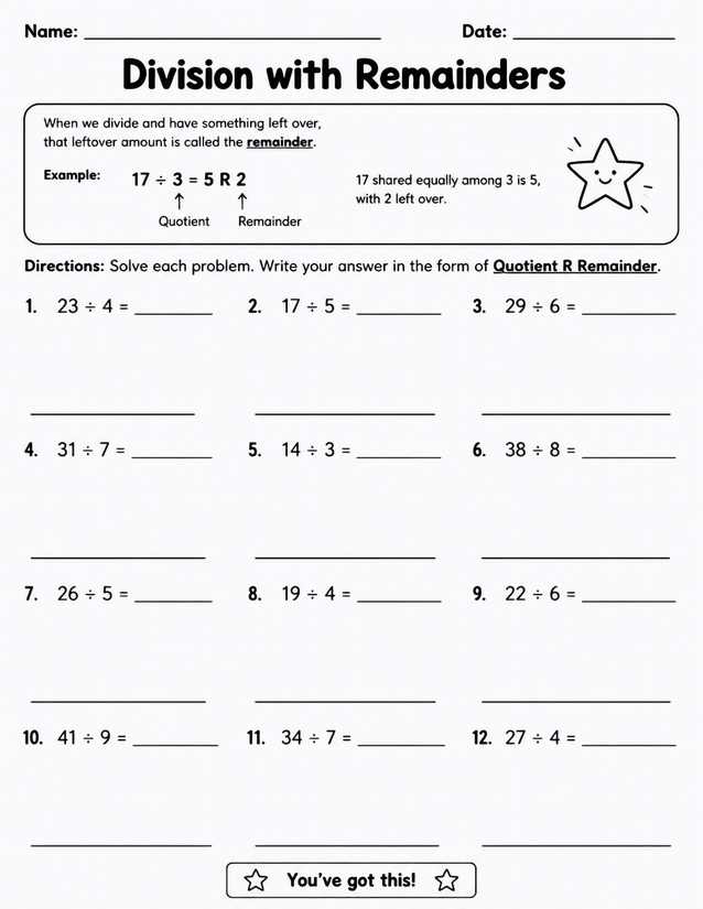 Division with Remainders Worksheet, Quotient R Format Practice