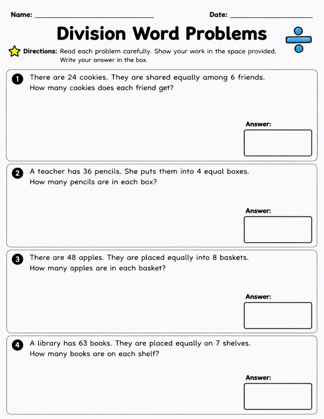 Division Word Problems Worksheet, Grades 3-4