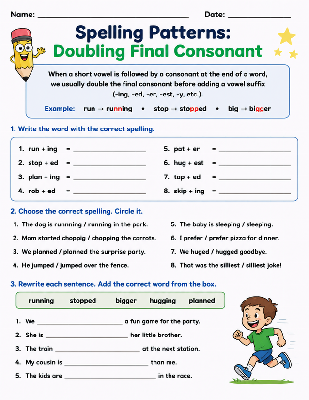 Doubling Final Consonant Worksheet, Three Practice Sections