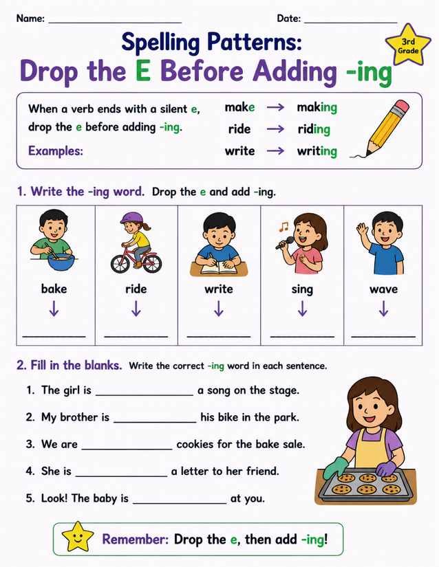 Drop the E Before Adding Ing Worksheet, 3rd Grade