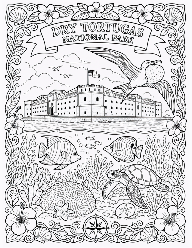 Dry Tortugas National Park Coloring Page, Fort Jefferson and Coral Reef