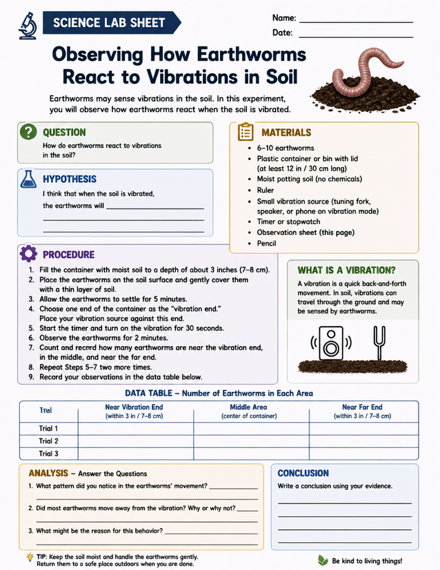 Earthworms React to Vibrations in Soil Lab Sheet