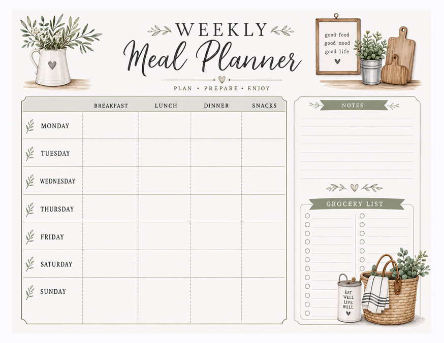Eat Well Live Well Meal Planner, Grocery List and Notes