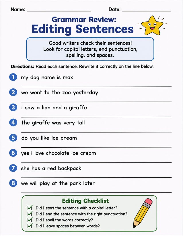 Editing Sentences Worksheet, Grammar Review with Checklist