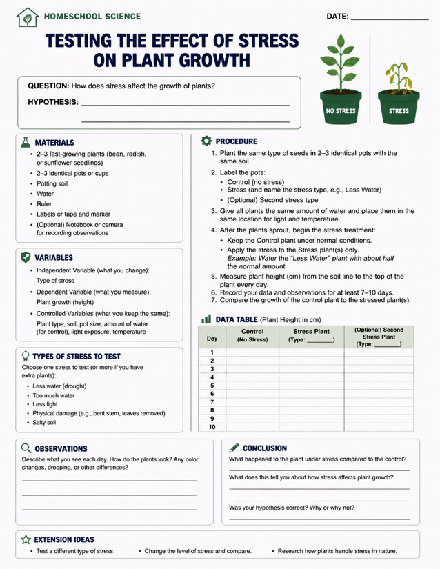 Testing the Effect of Stress on Plant Growth, Lab Sheet
