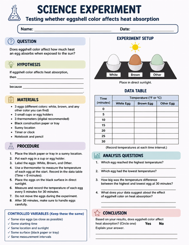 Eggshell Color Heat Absorption Lab Sheet, White Brown and Other Eggs