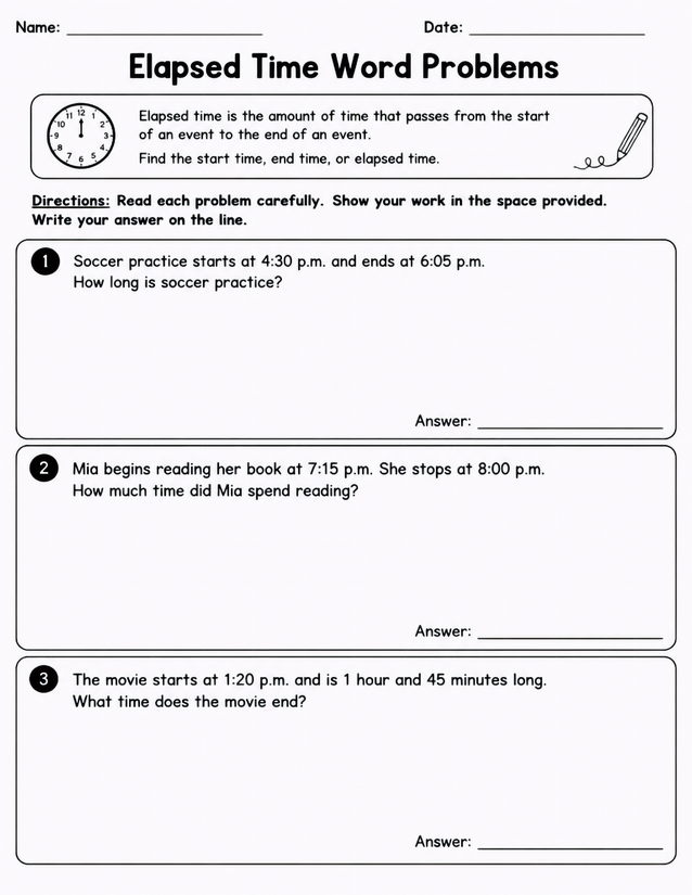 Elapsed Time Word Problems, Three Scenario Practice Sheet