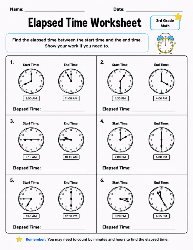 Elapsed Time Worksheet, 6 Clock Pair Problems