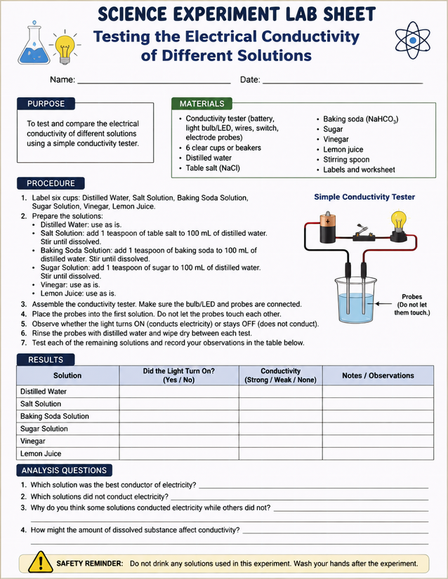 Electrical Conductivity of Different Solutions Lab Sheet