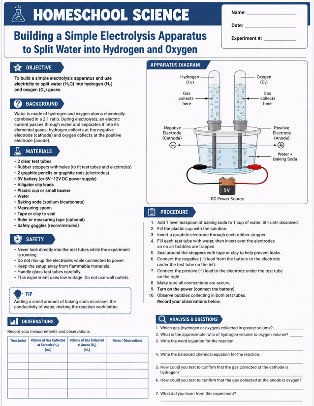 Electrolysis of Water Lab Sheet, Hydrogen and Oxygen Collection
