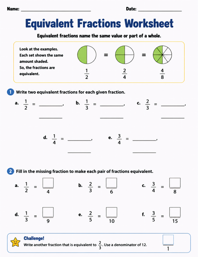 Equivalent Fractions Worksheet, Two Sections Plus a Challenge