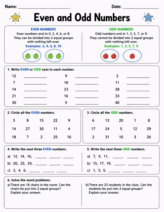 Even and Odd Numbers Worksheet, Six Activity Types
