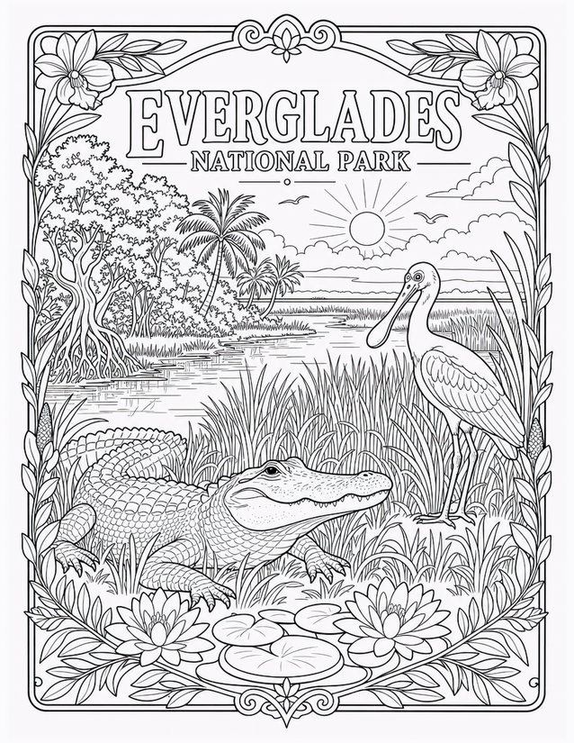 Everglades National Park Coloring Page, Alligator and Spoonbill