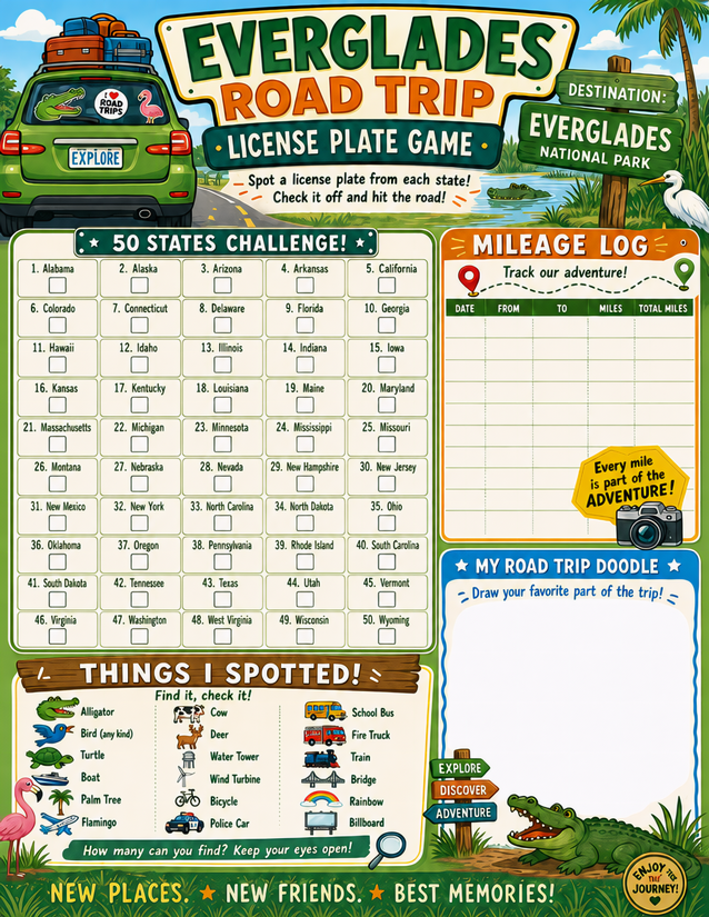 Everglades Road Trip Printable, License Plate Game Plus Mileage Log