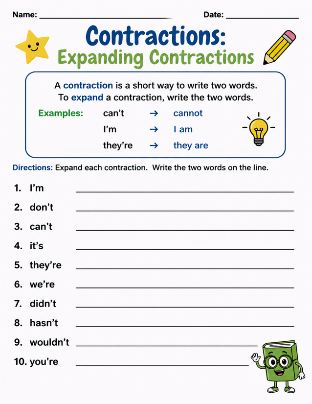 Expanding Contractions Worksheet, 10 Practice Items
