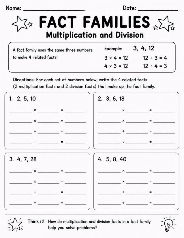 Fact Families Multiplication and Division Worksheet, Grades 3-4