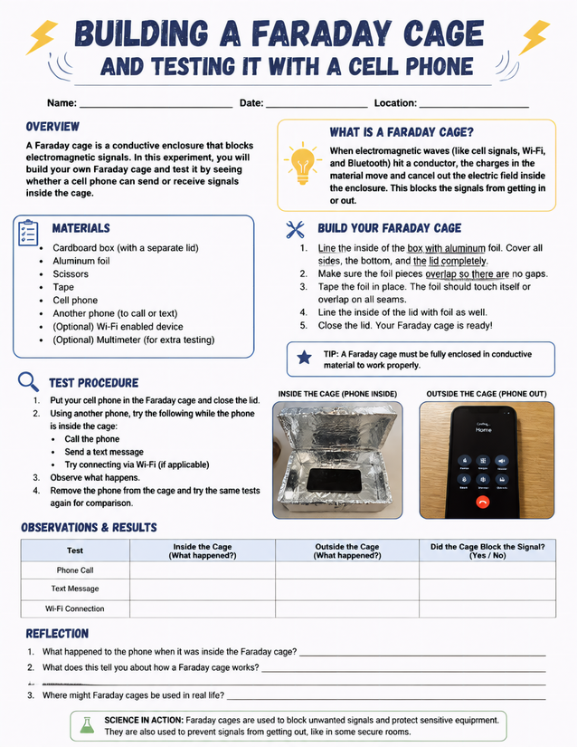 Faraday Cage Lab Sheet, Cell Phone Signal Blocking Experiment
