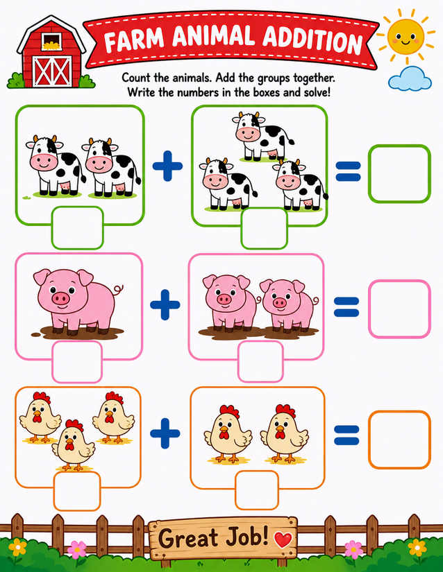 Farm Animal Addition Worksheet, Cows, Pigs, and Chickens