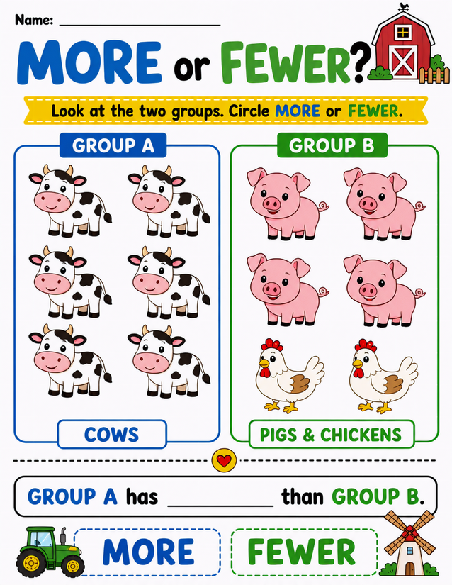 Farm Animal More or Fewer Worksheet, Cows vs Pigs and Chickens