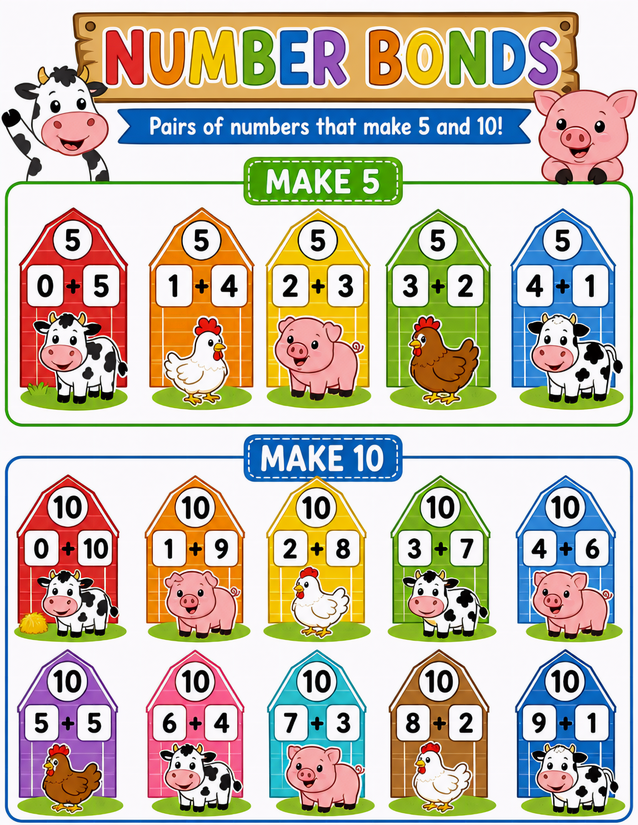 Farm Animal Number Bonds Worksheet, Make 5 and Make 10