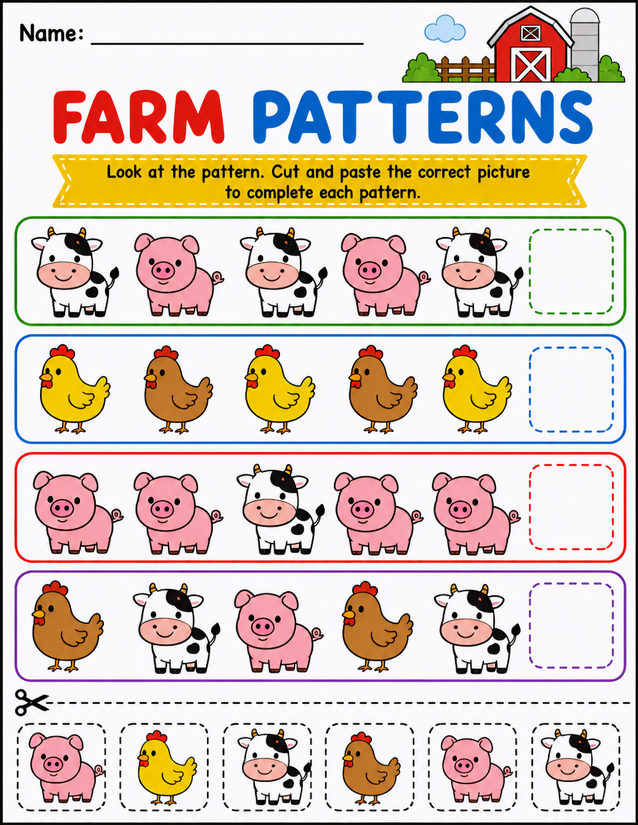 Farm Animal Patterns Worksheet, Cut and Paste