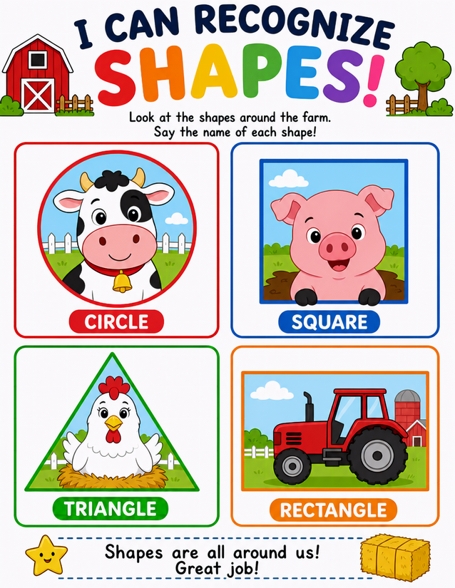 Farm Animal Shapes Worksheet, Circle Square Triangle Rectangle