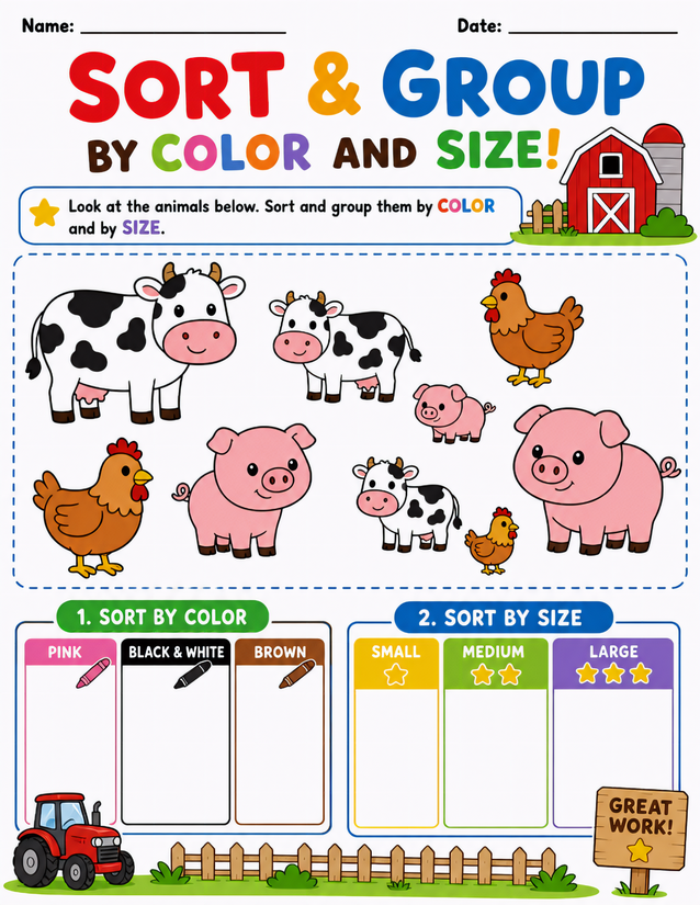Farm Animal Sort and Group Worksheet, Color and Size