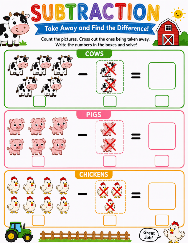 Farm Animal Subtraction Worksheet, Cows Pigs and Chickens