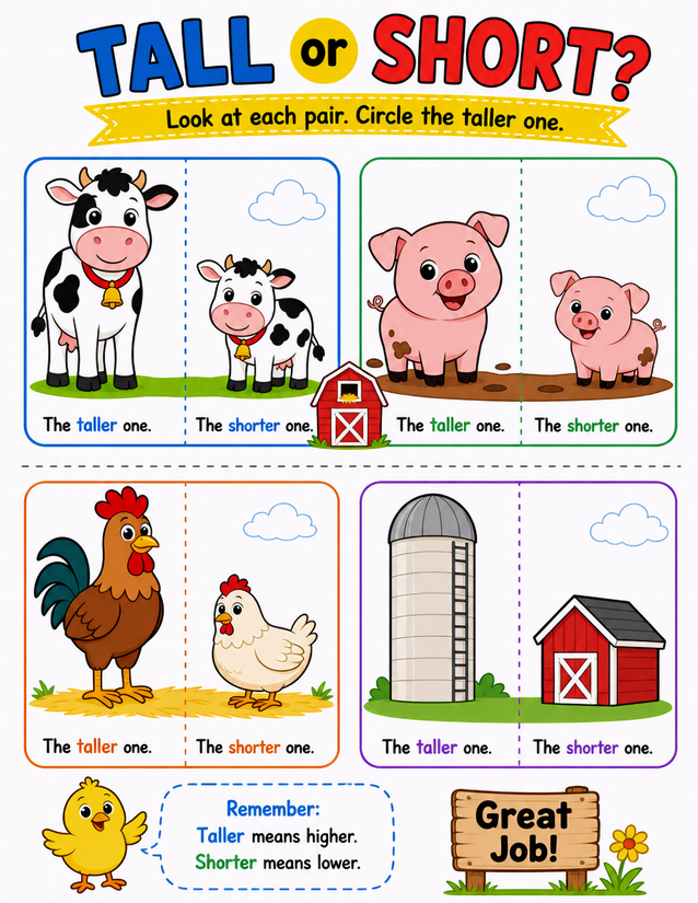 Farm Animal Tall or Short Worksheet, Four Pairs to Circle