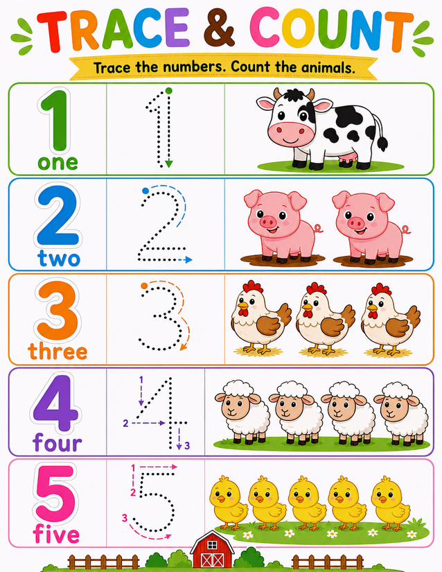Farm Animal Trace and Count Worksheet, Numbers 1 to 5