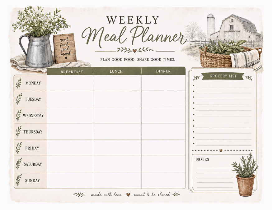 Farmhouse Meal Planner Printable, Barn and Galvanized Pitcher