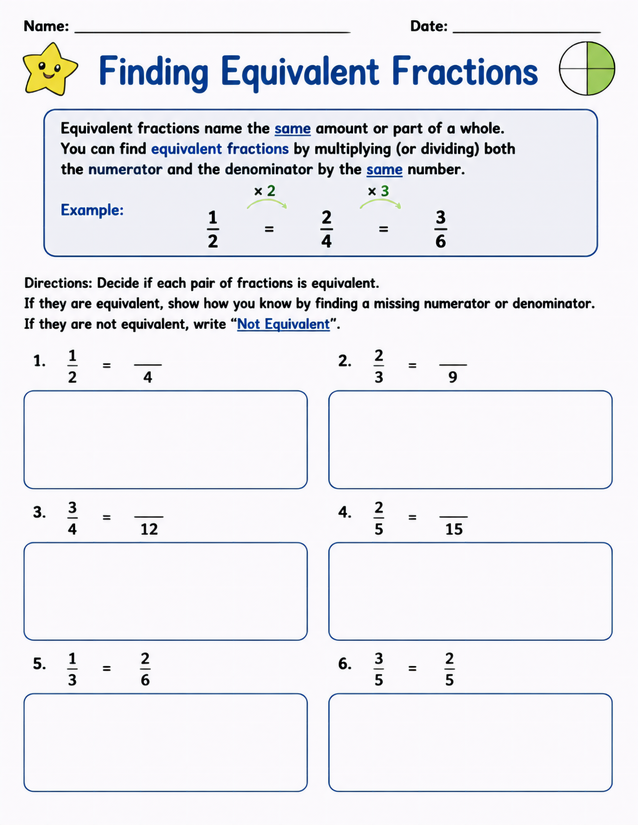 Finding Equivalent Fractions Worksheet, Grades 3-4